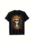 Men's T-Shirt Colorful Floral Patterns Surrounding Festive Day Of The Dead Skull