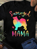 Women's T-Shirt Samoyed Mama Bright Rainbow Silhouette With Colorful Hearts And Playful Dog