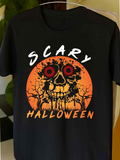 Men's T-Shirt Scary Halloween Blood Moon With Sinister Trees And Creepy Skull Face