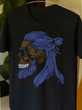 Men's T-Shirt Long Haired Skull With Flowing Blue Beard And Hair