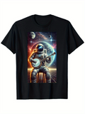 Men's T-Shirt Galactic Lights And Colorful Planets Behind Astronaut Playing Banjo