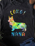 Women's T-Shirt Corgi Nana Watercolor Splash With Playful Vibrant Hues Under Silhouette Dog