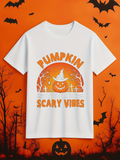 Men's T-Shirt Pumpkin Scary Vibes Under Orange Sky With Haunted Fence And Jackolantern Pumpkin