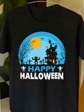 Men's T-Shirt Happy Halloween Haunted House Under Full Moon With Flying Bats