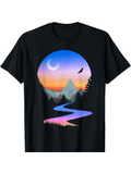 Men's T-Shirt Soothing Dusk Twilight Sky With River Mountains Trees And Flying Bird