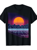 Men's T-Shirt Retro Grid Sunset With Neon Mountains And Vibrant Purple Skies Horizon