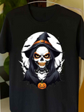 Men's T-Shirt Gothic Night With Pumpkins Bats And Creepy Halloween Witch Skull