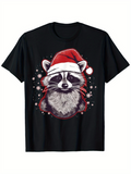 Men's T-Shirt Adorable Raccoon Wearing Christmas Santa Hat With Snowflakes