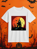 Men's T-Shirt Glowing Full Moon With Bats And Haunted Spooky Castle