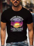 Men's T-Shirt Chasing Sunsets Violet Orange Sky With Palm Trees Silhouettes And Setting Sun