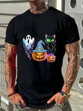 Men's T-Shirt Whimsical Ghost With Halloween Pumpkins And Mystic Cat