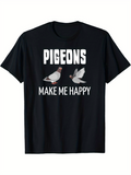 Men's T-Shirt Pigeons Make Me Happy Playful Birds With Flapping Wings On Black Shirt