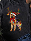Men's T-Shirt German Shepherd Wearing Christmas Hat And Colorful String Lights Reindeer Antlers
