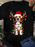 Women's T-Shirt Festive Holiday Dog With Antlers Santa Hat Lights Beagle