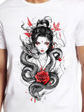 Men's T-Shirt Red Rose Surrounded By Black Scaly Dragon With Mysterious Woman