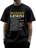 Men's T-Shirt Top Ten Rules Statement With Bold Gemini Typography On Black T Shirt