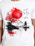 Men's T-Shirt Tranquil Watercolor Scene With Blossoming Tree Red Sun And Mountain Reflections
