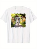 Men's T-Shirt Playful Dog Running Along A Sunlit Garden Pathway