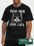 Men's T-Shirt Real Men Love Cats Cool Sunglasses Wearing Playful Sketch Cat