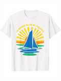 Men's T-Shirt Sunrise Reflections With Blue Sailboat Among Calm Ocean Waves Sailboat