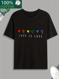 Men's T-Shirt Love Is Love Multicolored Hearts With Bold Letters On Soft Black Cotton T Shirt
