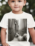 Men's T-Shirt Surreal Forest Scene With Cartoon Figure And Playful Selfie Cat