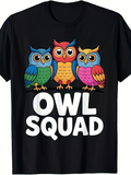 Men's T-Shirt Owl Squad Colorful Feathers With Cartoon Forest Friends Sitting Owl