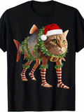 Men's T-Shirt Festive Cat Fish Hybrid With Holiday Wreath Striped Socks And Santa Hat