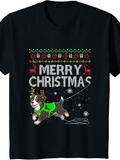 Men's T-Shirt Merry Christmas Dog Running In Snowflakes Wearing Green Sweater