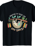 Men's T-Shirt Hanging In There For 100 Days Surrounded By Leaves Crayons And Smiling Sloth