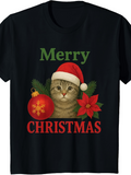 Men's T-Shirt Merry Christmas Festive Cat With Santa Hat Surrounded By Holiday Florals