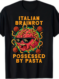 Men's T-Shirt Italian Brainrot Possessed By Pasta With Noodles Sunglasses Meatballs On Black Shirt