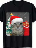 Men's T-Shirt Festive Cat With Christmas Tree Gifts And Santa Hat
