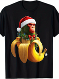 Men's T-Shirt Festive Monkey With Red Santa Hat Sitting In Open Yellow Banana