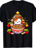 Men's T-Shirt Cute Calico Cat Surrounded By Ramen Vegetables And Festive Noodle Bowl