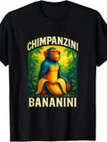 Men's T-Shirt Chimpanzini Surrounded By Lush Green Leaves Holding Ripe Banana Chimpanzee