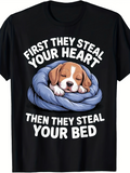 Men's T-Shirt First They Steal Your Heart Then They Steal Your Bed With Sleeping Puppy In Cozy Blanket