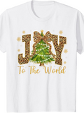 Men's T-Shirt Joy To The World Festive Lights With Christmas Tree Surrounded By Leopard Print Letters