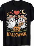 Men's T-Shirt Halloween Cute Cartoon Ghosts Playing Guitar Among Pumpkins And Music Notes