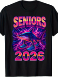Men's T-Shirt Seniors 2026 Neon Lightning Shark With Sneakers Bright Clouds Background