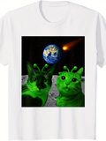 Men's T-Shirt Green Alien Cats On Moon With Earth In Distant Space