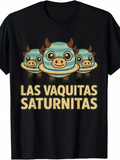 Men's T-Shirt Blue Cartoon Cow Faces Surrounded By Yellow Rings Space Floating Cow