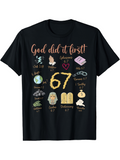 Men's T-Shirt God Did It First Colorful Religious Icons And Number 67 Surrounded By Illustrations