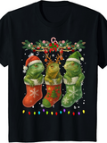 Men's T-Shirt Christmas Wreath And Candy Cane Among Festive Christmas Stockings With Decorative Iguanas