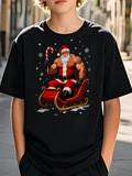 Men's T-Shirt Muscular Santa With Candy Cane Sitting On His Sleigh