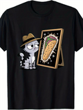Men's T-Shirt Curious Cat With Hat Admiring Delicious Sparkling Taco Drawing