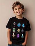 Men's T-Shirt Colorful Retro Cartoon Robots On Soft Cotton Black T Shirt