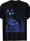 Men's T-Shirt Mystical Neon Flowers Among Glowing Petals On Sitting Cat