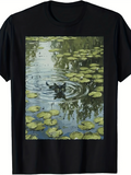Men's T-Shirt Rippling Water With Lilypads Reflected Sky And Playful Swimming Cat