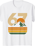 Men's T-Shirt Bold Retro Numbers With Geometric Sun Mountains And Striped Horizon